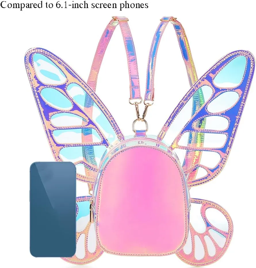 Women's Laser Holographic Backpack Butterfly Angel Wings Casual Daypack Shoulder Bag (Laser Pink)