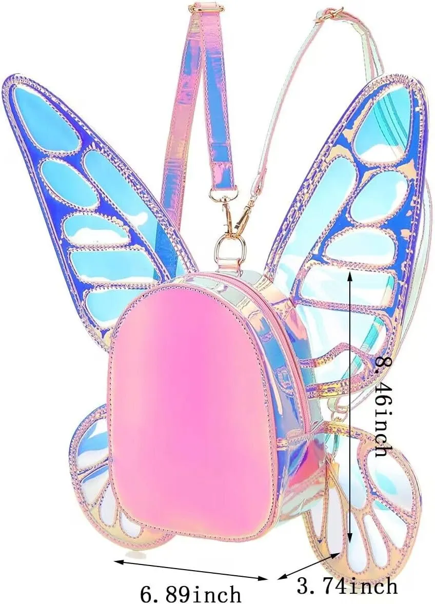 Women's Laser Holographic Backpack Butterfly Angel Wings Casual Daypack Shoulder Bag (Laser Pink)
