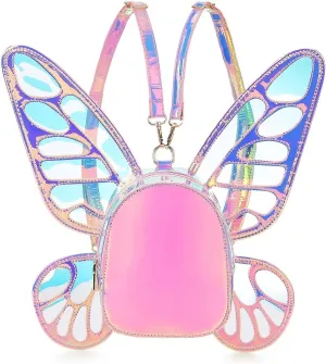 Women's Laser Holographic Backpack Butterfly Angel Wings Casual Daypack Shoulder Bag (Laser Pink)