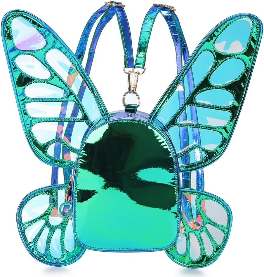 Women's Laser Holographic Backpack Butterfly Angel Wings Casual Daypack Shoulder Bag