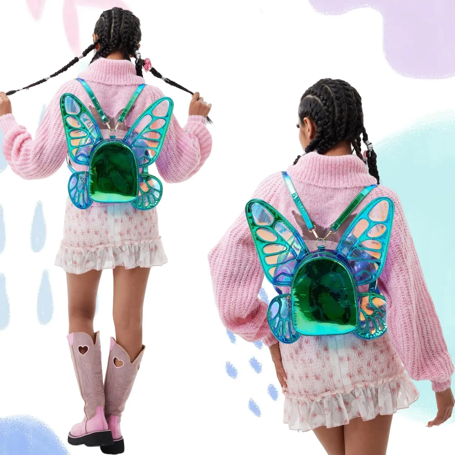 Women's Laser Holographic Backpack Butterfly Angel Wings Casual Daypack Shoulder Bag