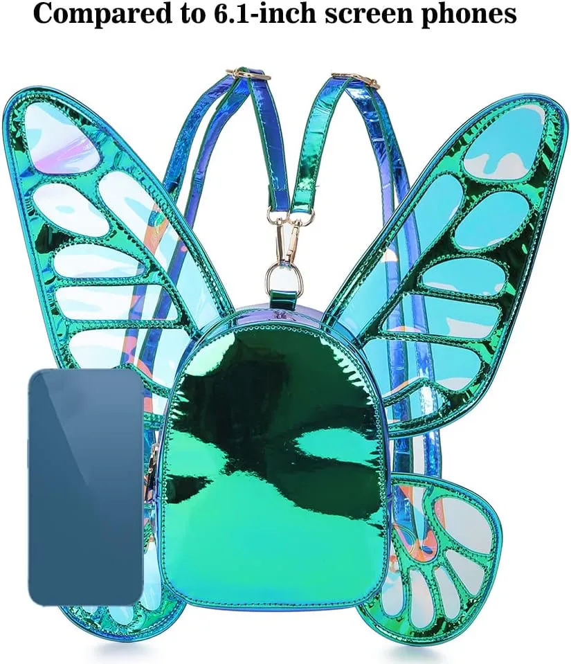 Women's Laser Holographic Backpack Butterfly Angel Wings Casual Daypack Shoulder Bag