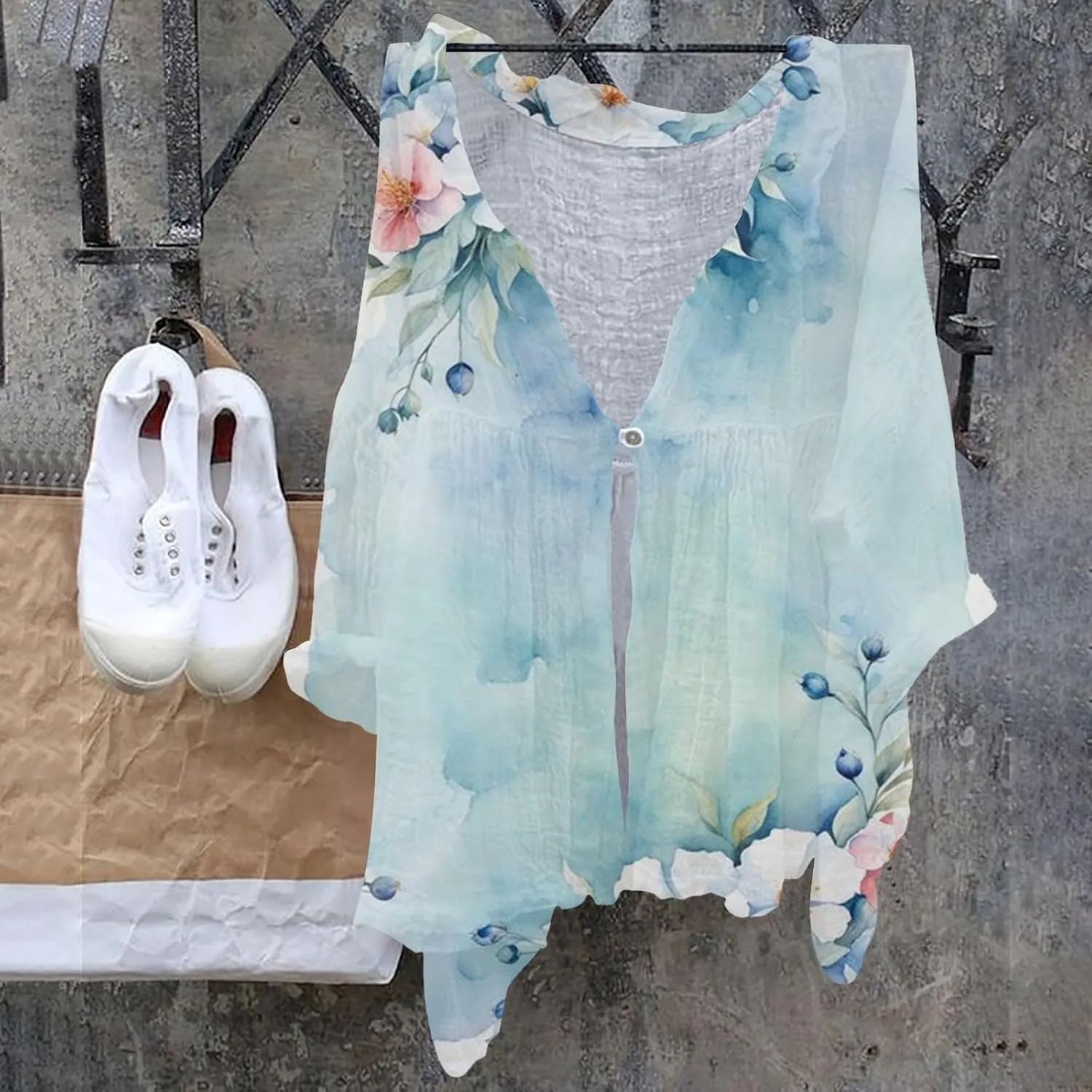 Women's Linen Blouse Women's Floral Butterfly Print Natural Autumn Fragrant Office Drop Shoulder Blouse Long Sleeve