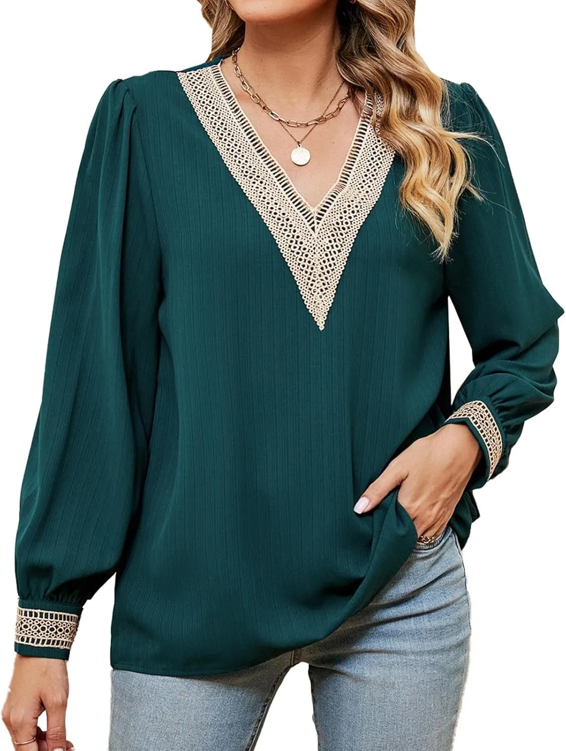 Women's Loose Long Sleeve Shirts Lace Trim V Neck Solid Color Blouses Tops Fashion Casual T Shirt