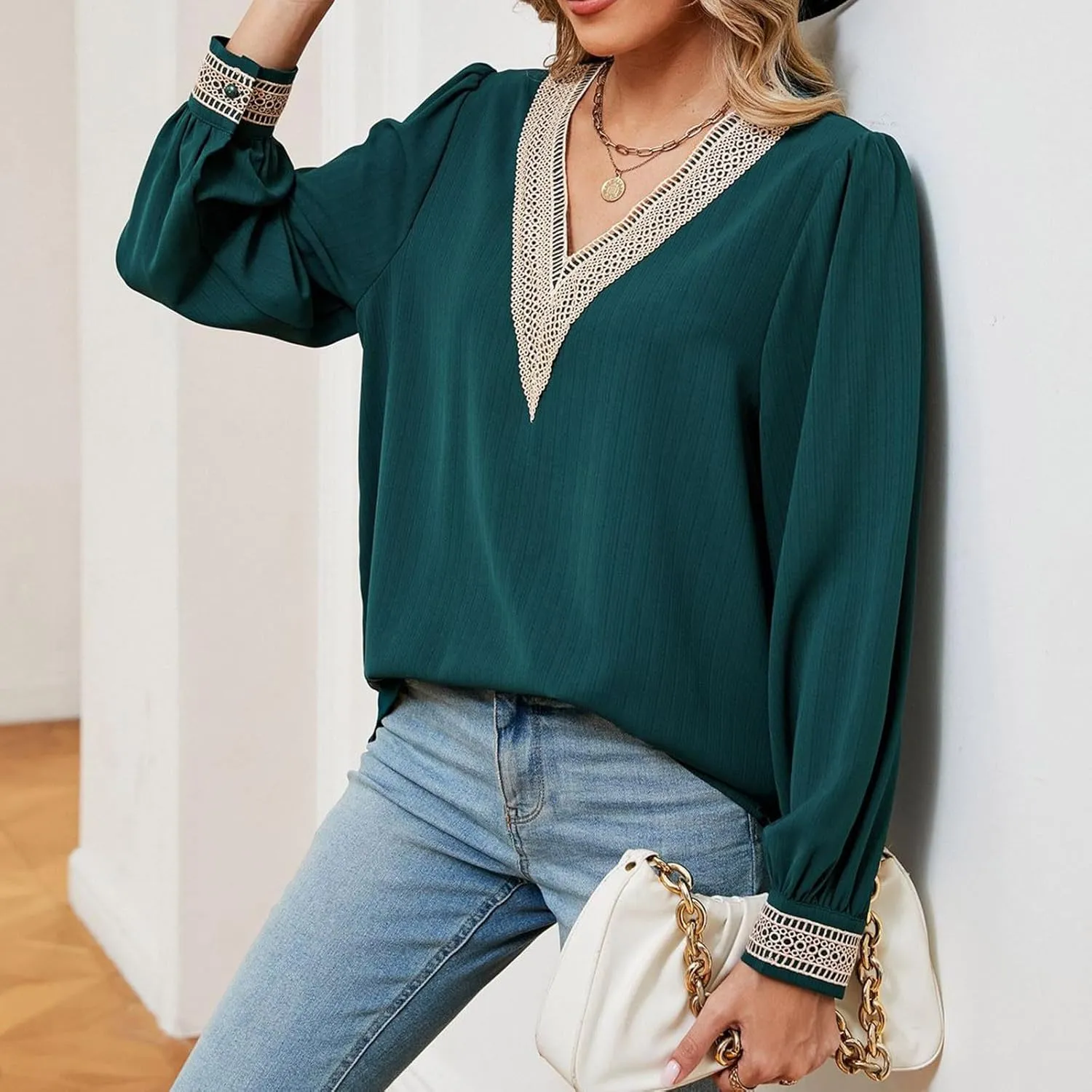 Women's Loose Long Sleeve Shirts Lace Trim V Neck Solid Color Blouses Tops Fashion Casual T Shirt