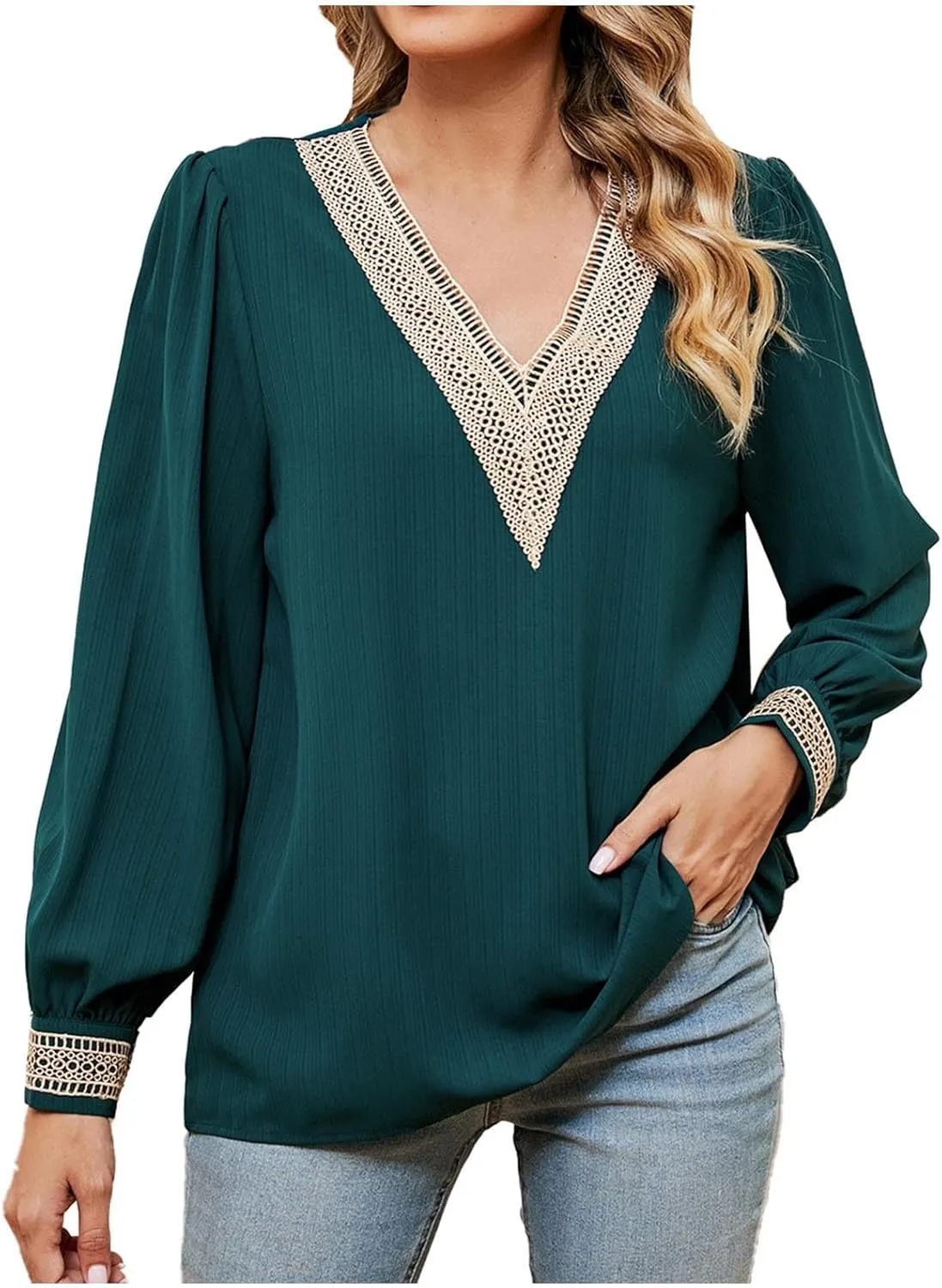 Women's Loose Long Sleeve Shirts Lace Trim V Neck Solid Color Blouses Tops Fashion Casual T Shirt