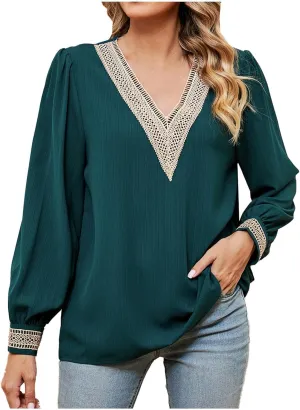 Women's Loose Long Sleeve Shirts Lace Trim V Neck Solid Color Blouses Tops Fashion Casual T Shirt