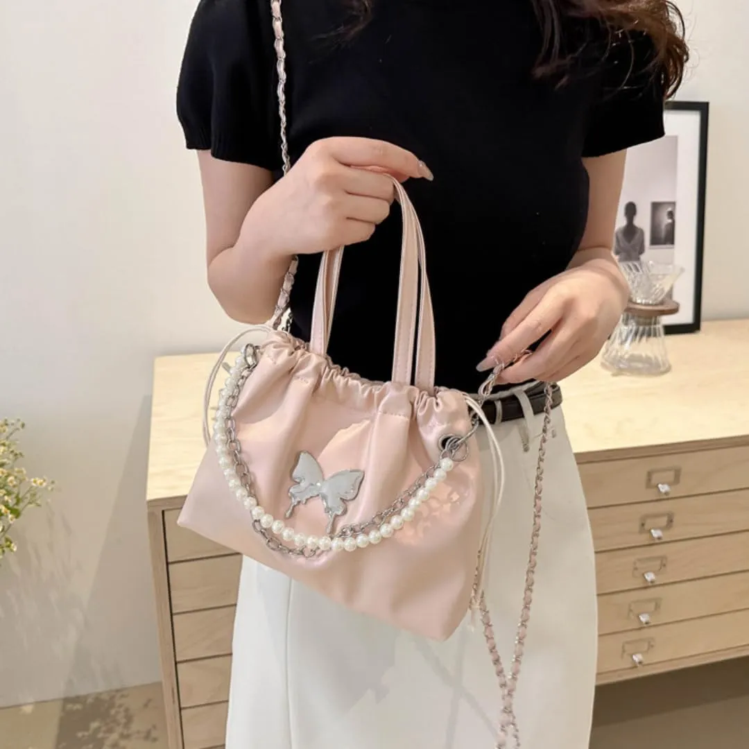 Women's Mini Bucket Bag Y2k Butterfly Satin Shoulder Bag Drawstring Handbag with Pearl Chain Small Crossbody Bag