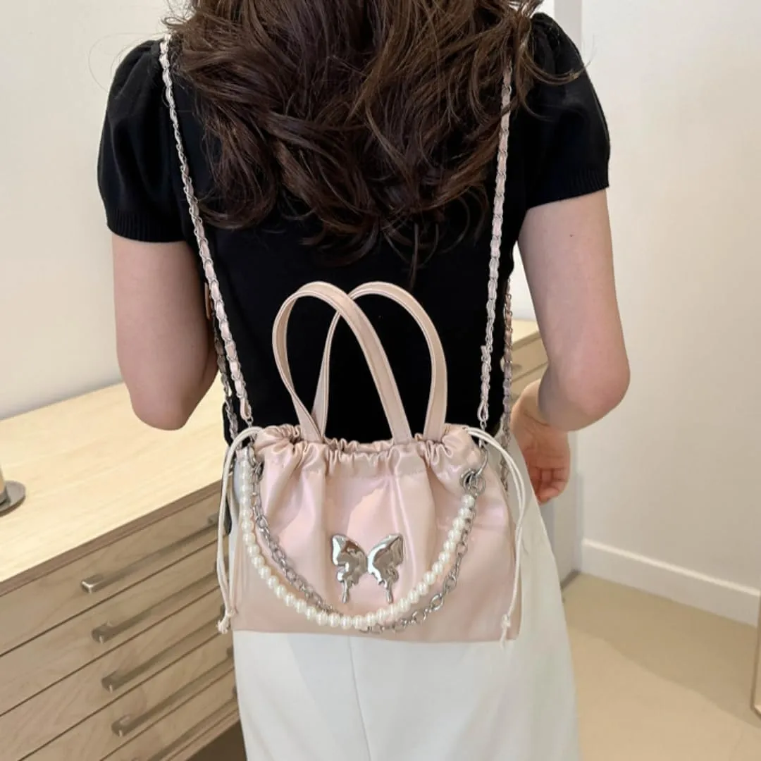 Women's Mini Bucket Bag Y2k Butterfly Satin Shoulder Bag Drawstring Handbag with Pearl Chain Small Crossbody Bag