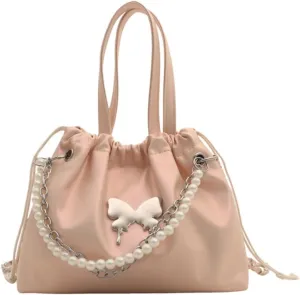 Women's Mini Bucket Bag Y2k Butterfly Satin Shoulder Bag Drawstring Handbag with Pearl Chain Small Crossbody Bag