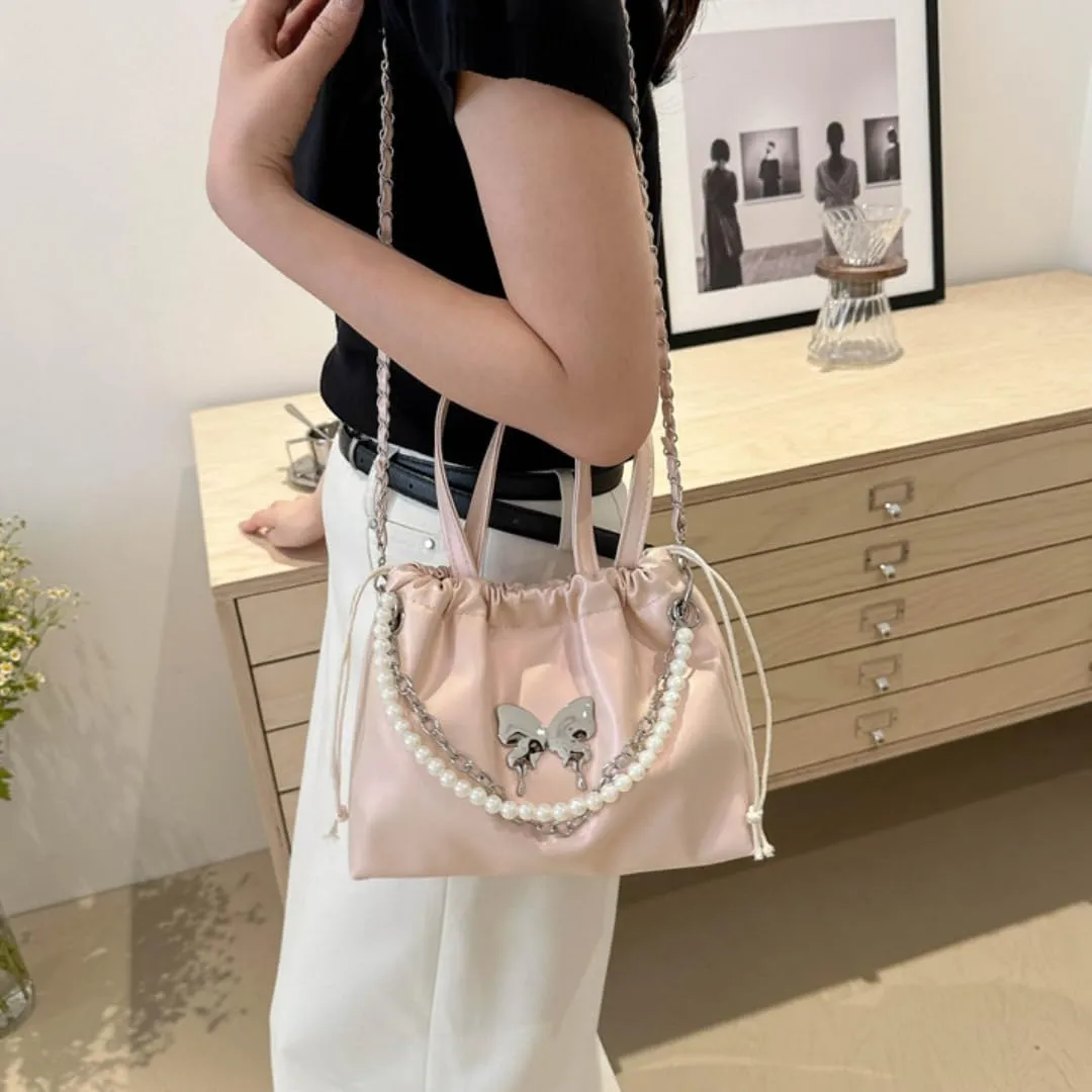 Women's Mini Bucket Bag Y2k Butterfly Satin Shoulder Bag Drawstring Handbag with Pearl Chain Small Crossbody Bag