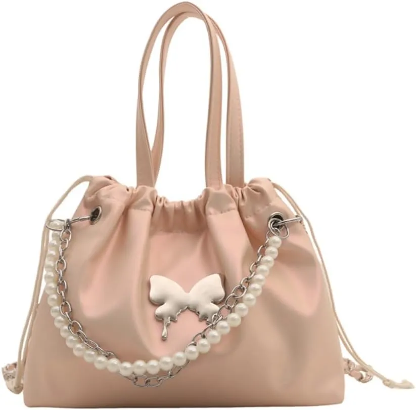 Women's Mini Bucket Bag Y2k Butterfly Satin Shoulder Bag Drawstring Handbag with Pearl Chain Small Crossbody Bag