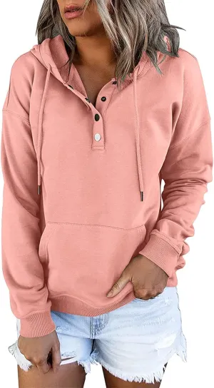 Womens Pure Color Oversized Hoodies Button V Neck Athletic Hooded Sweatshirts Fall Winter Pullover with Pocket