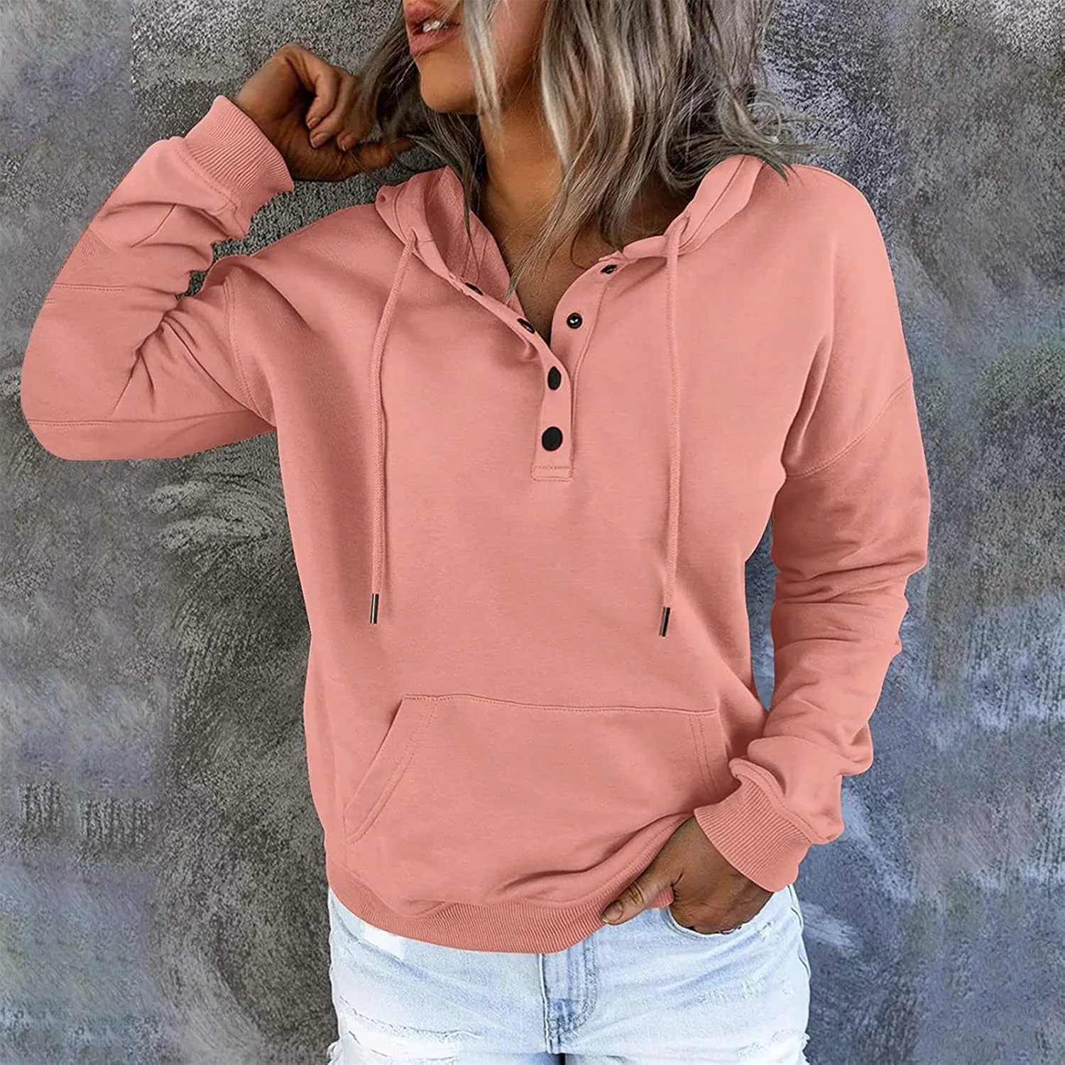 Womens Pure Color Oversized Hoodies Button V Neck Athletic Hooded Sweatshirts Fall Winter Pullover with Pocket