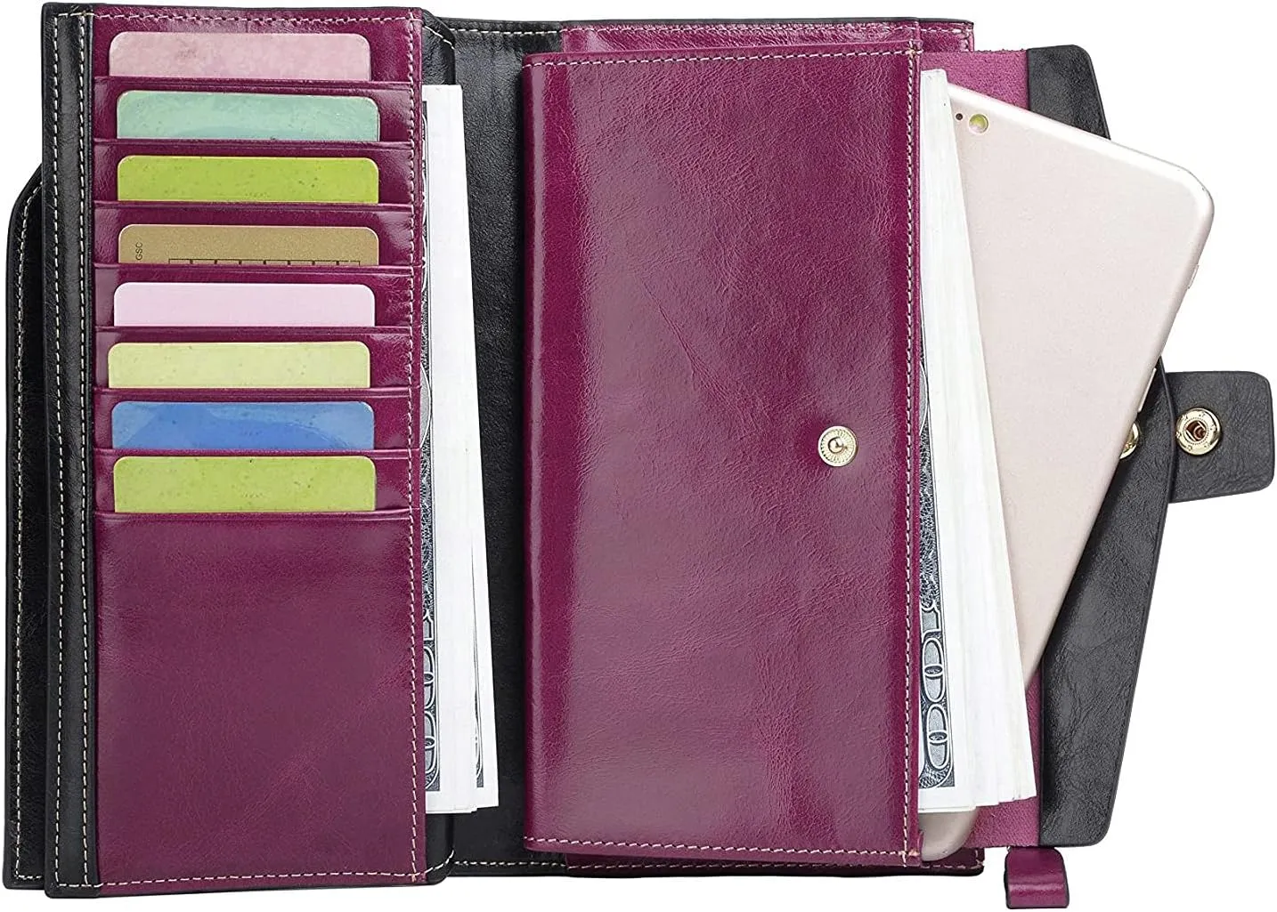 Women's RFID Blocking Wallet, Large Capacity Leather Bifold, 21 Card Slots, Snap Closure, Fits Phone, Card Holder