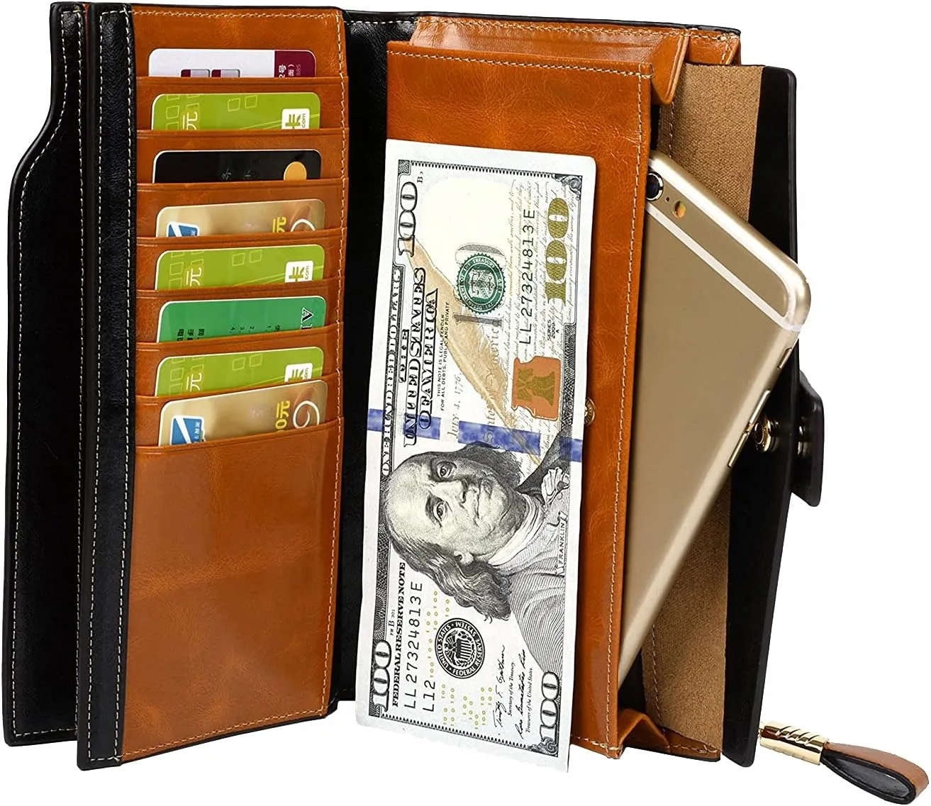 Women's RFID Blocking Wallet, Large Capacity Leather Bifold, 21 Card Slots, Snap Closure, Fits Phone, Card Holder