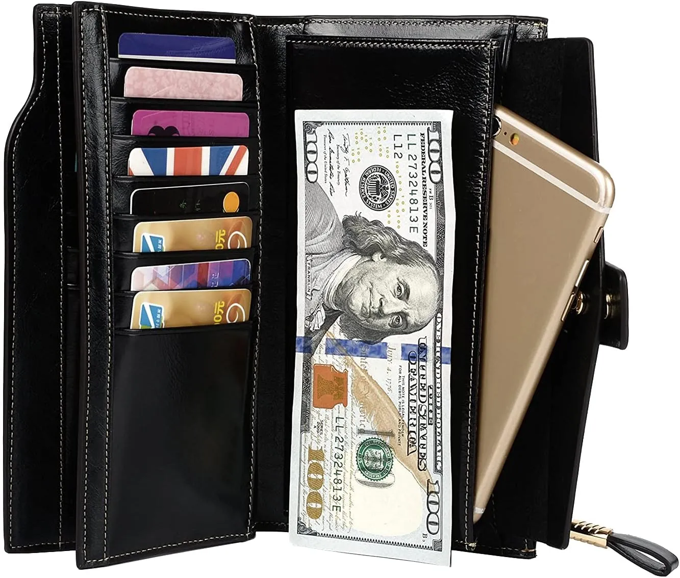 Women's RFID Blocking Wallet, Large Capacity Leather Bifold, 21 Card Slots, Snap Closure, Fits Phone, Card Holder