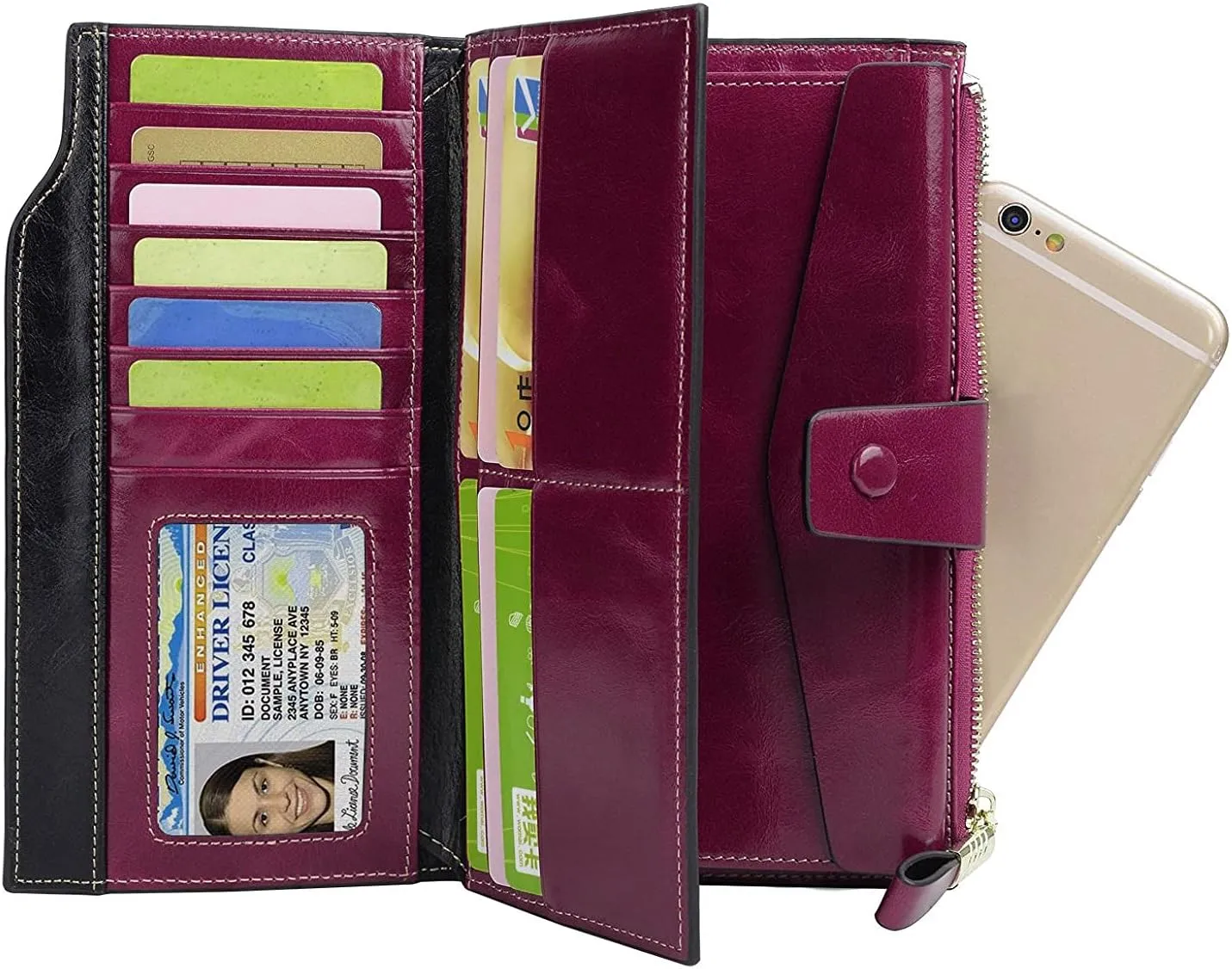 Women's RFID Blocking Wallet, Large Capacity Leather Bifold, 21 Card Slots, Snap Closure, Fits Phone, Card Holder