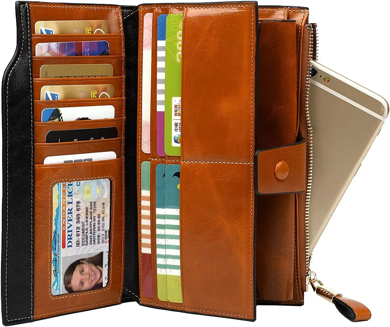 Women's RFID Blocking Wallet, Large Capacity Leather Bifold, 21 Card Slots, Snap Closure, Fits Phone, Card Holder