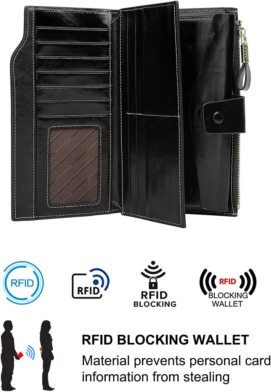 Women's RFID Blocking Wallet, Large Capacity Leather Bifold, 21 Card Slots, Snap Closure, Fits Phone, Card Holder