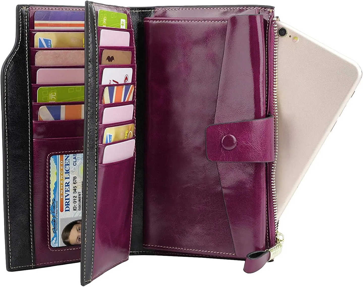 Women's RFID Blocking Wallet, Large Capacity Leather Bifold, 21 Card Slots, Snap Closure, Fits Phone, Card Holder