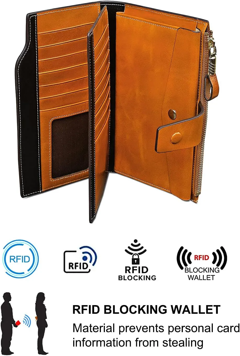 Women's RFID Blocking Wallet, Large Capacity Leather Bifold, 21 Card Slots, Snap Closure, Fits Phone, Card Holder