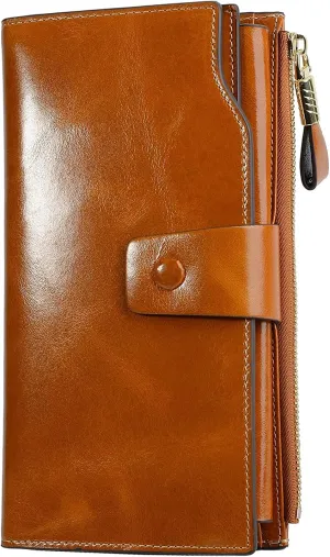 Women's RFID Blocking Wallet, Large Capacity Leather Bifold, 21 Card Slots, Snap Closure, Fits Phone, Card Holder