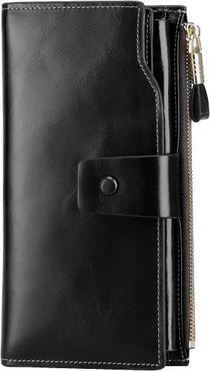 Women's RFID Blocking Wallet, Large Capacity Leather Bifold, 21 Card Slots, Snap Closure, Fits Phone, Card Holder