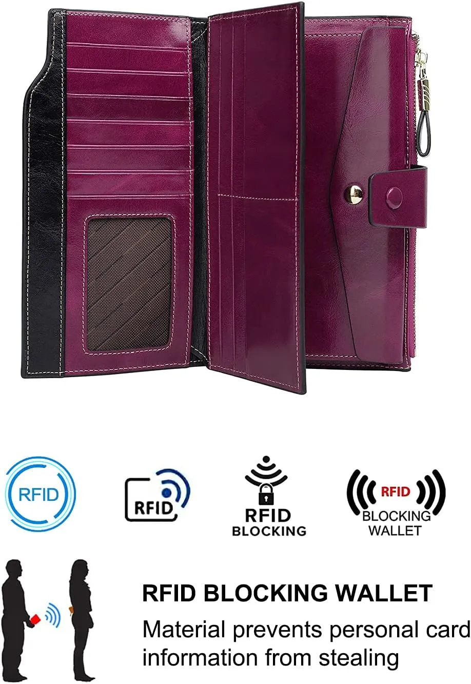 Women's RFID Blocking Wallet, Large Capacity Leather Bifold, 21 Card Slots, Snap Closure, Fits Phone, Card Holder