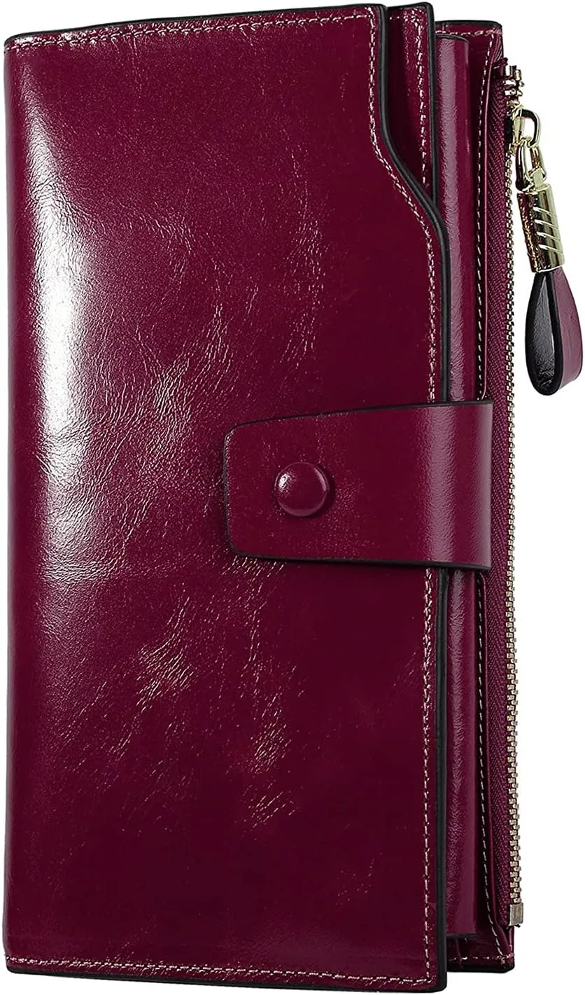 Women's RFID Blocking Wallet, Large Capacity Leather Bifold, 21 Card Slots, Snap Closure, Fits Phone, Card Holder