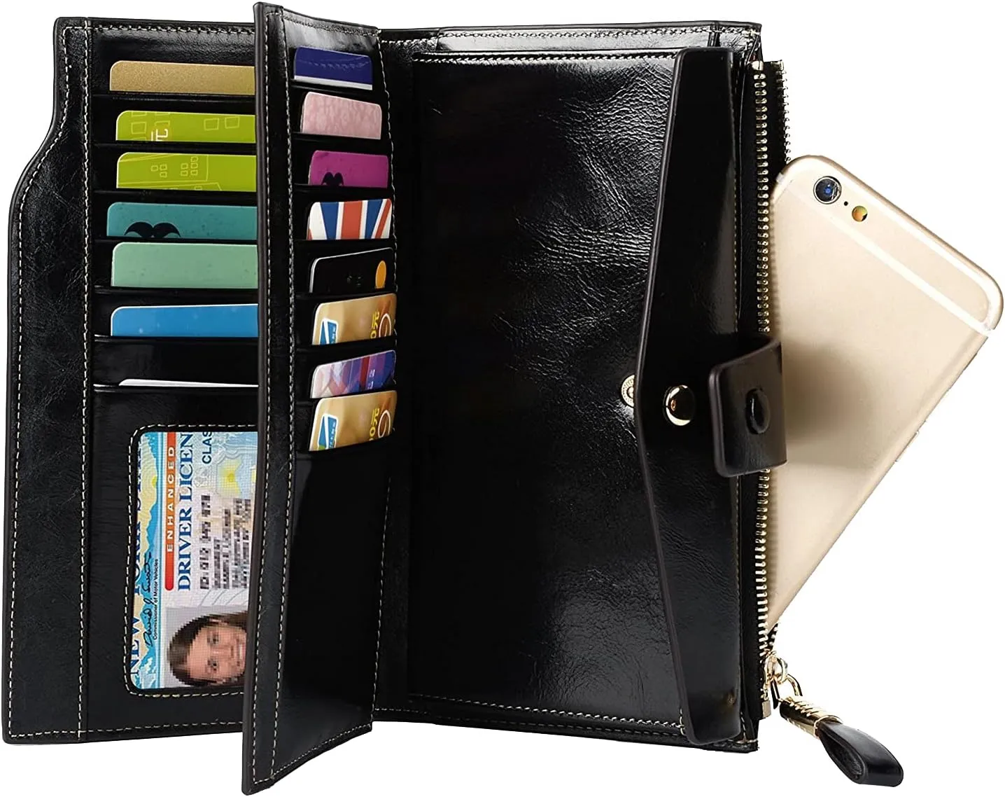 Women's RFID Blocking Wallet, Large Capacity Leather Bifold, 21 Card Slots, Snap Closure, Fits Phone, Card Holder