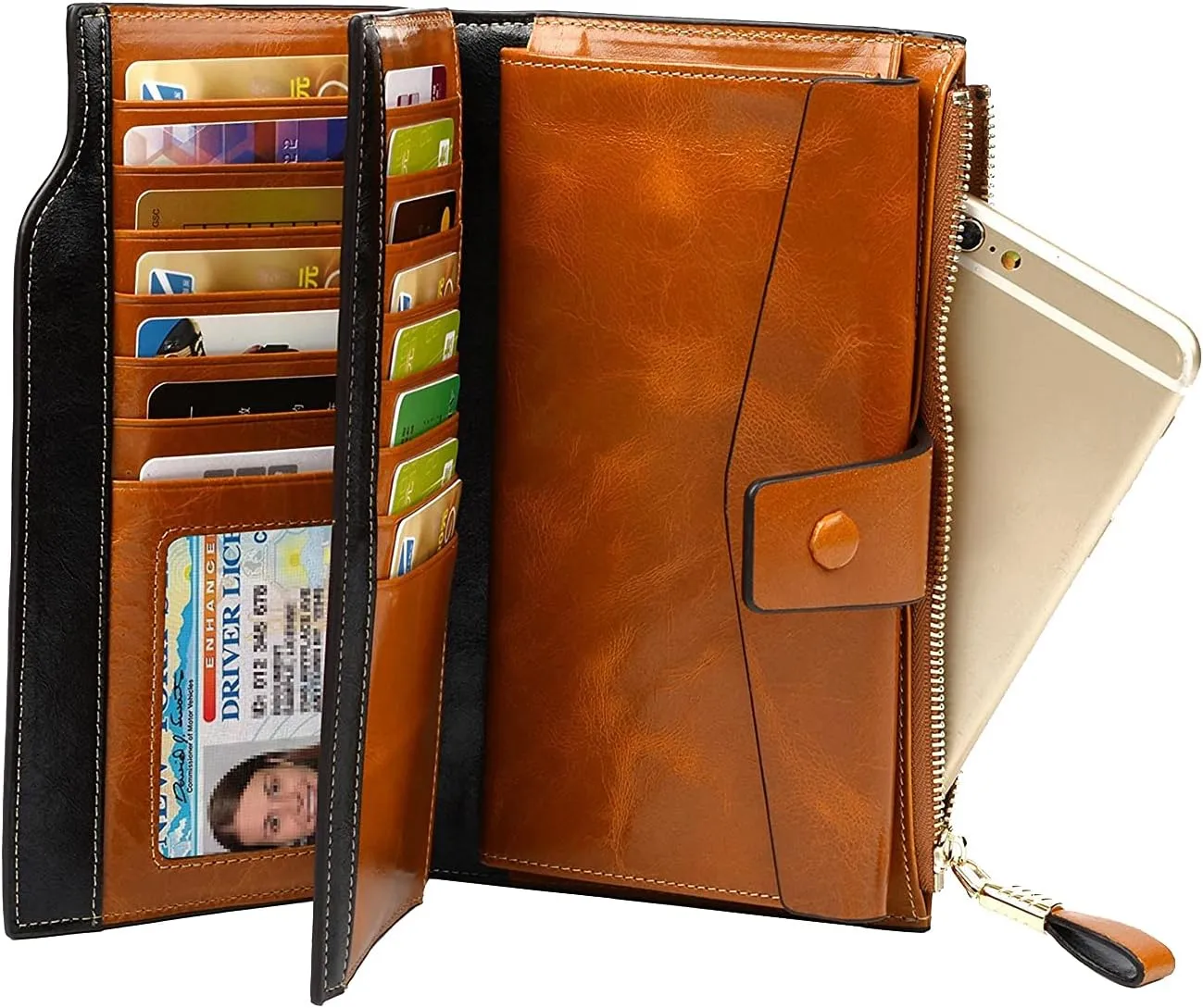 Women's RFID Blocking Wallet, Large Capacity Leather Bifold, 21 Card Slots, Snap Closure, Fits Phone, Card Holder
