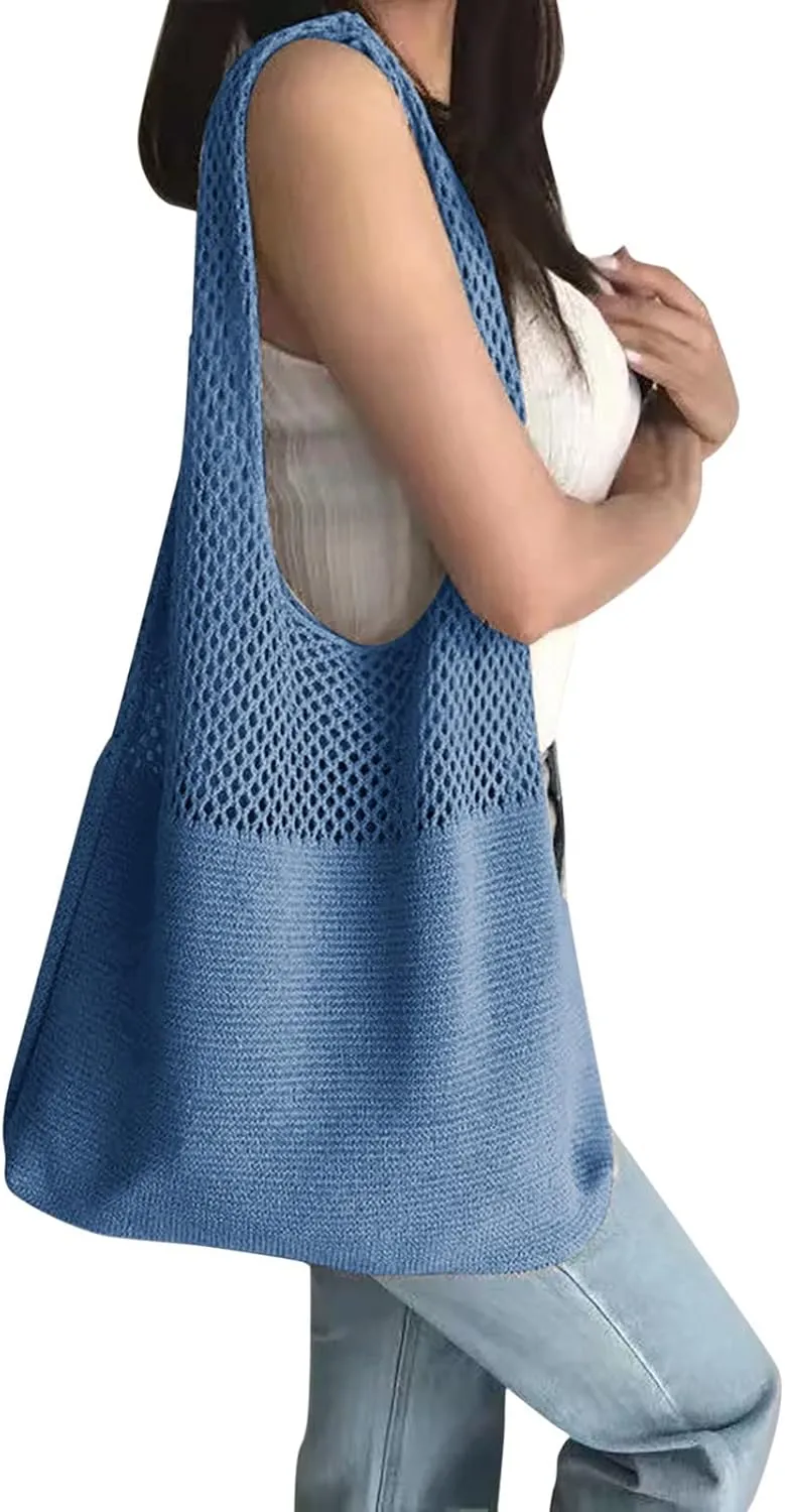 Women's Shoulder Bag, Crochet Tote Bag Vintage Fashion Crossbody Handbags Y2K Mesh Beach Bags, Purses for Women Trendy