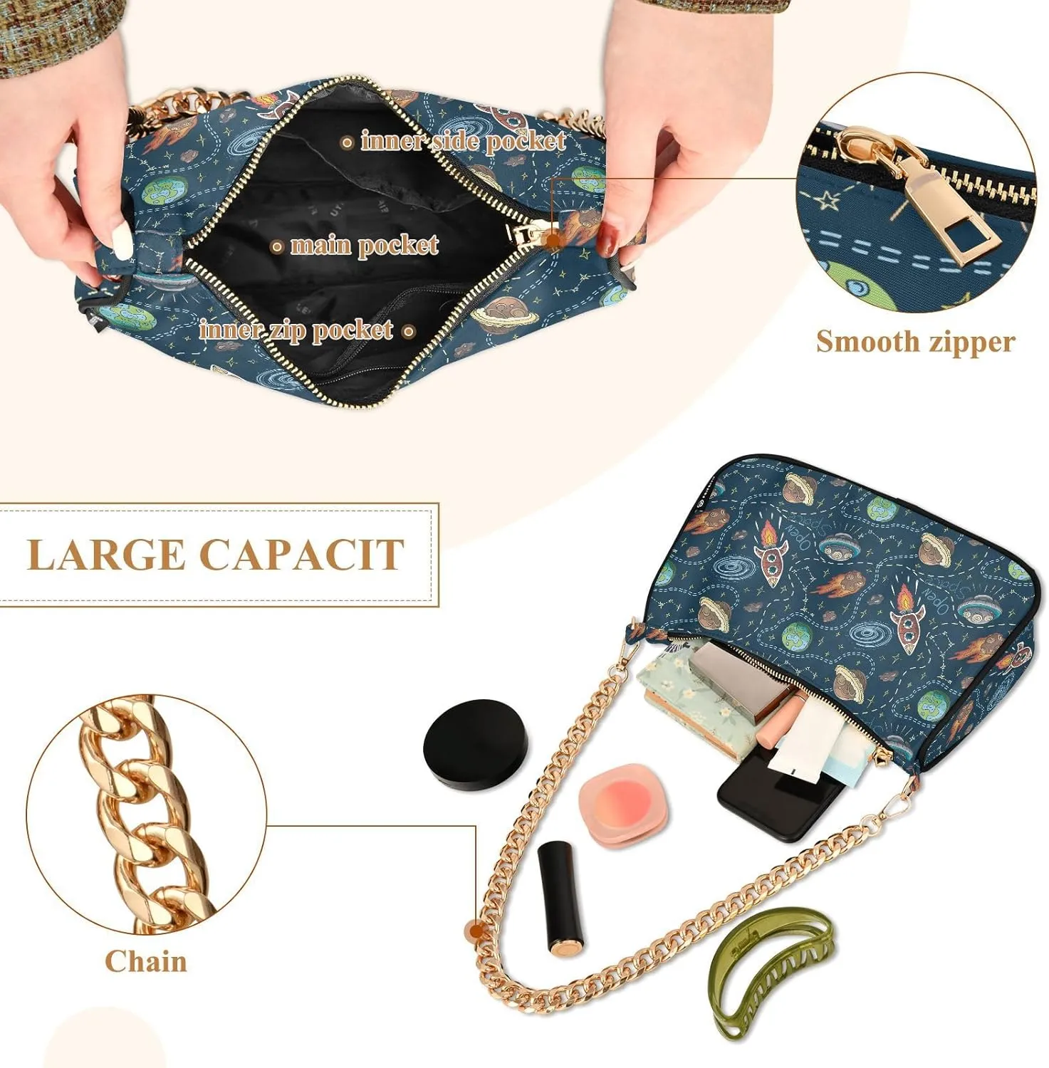 Women's Shoulder Handbags Chain Shoulder Brace for Women Bag Space Print Ladies Vacation Handbags Tote Purse,Multi1