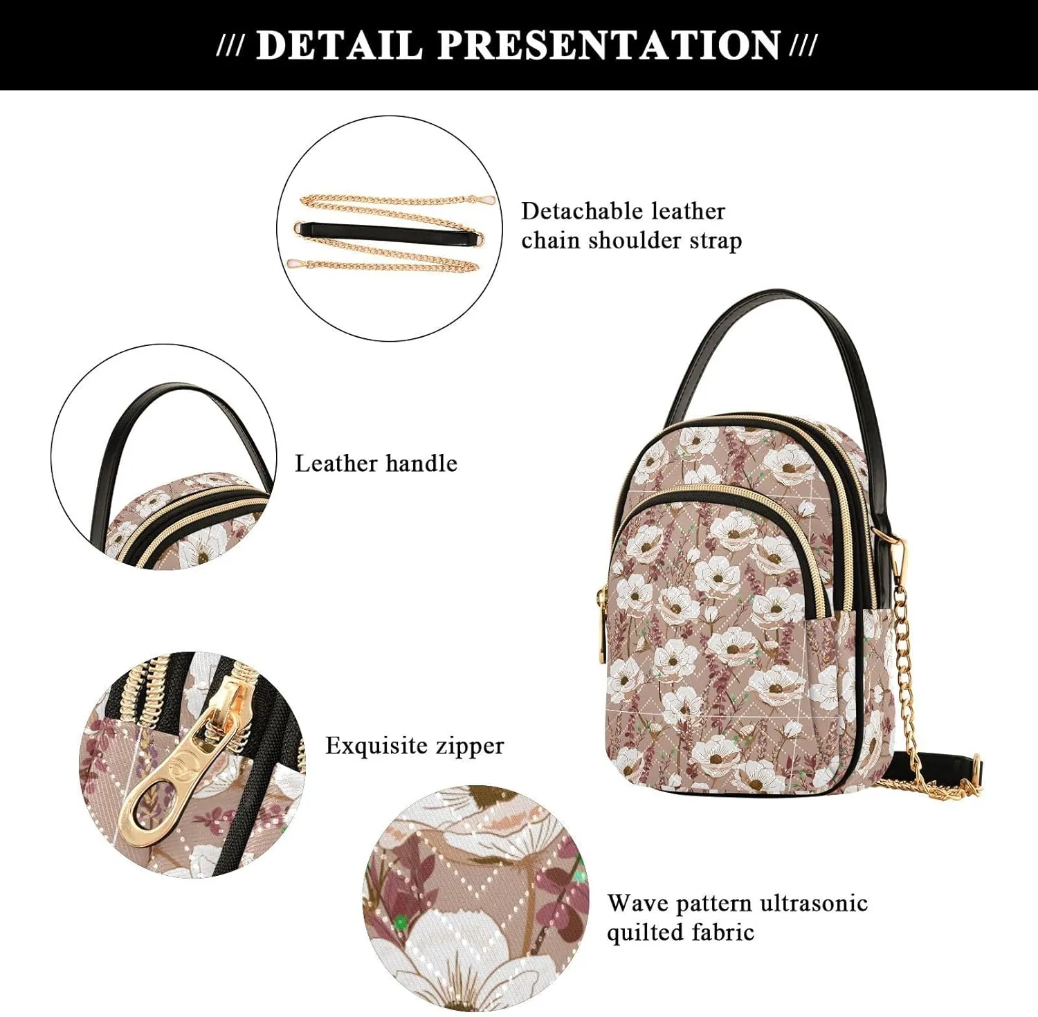 Women's Shoulder Handbags Quilted Fabric Handbags for Women Floral Print Chain Satchel Tote Bag with Zipper,Multi1