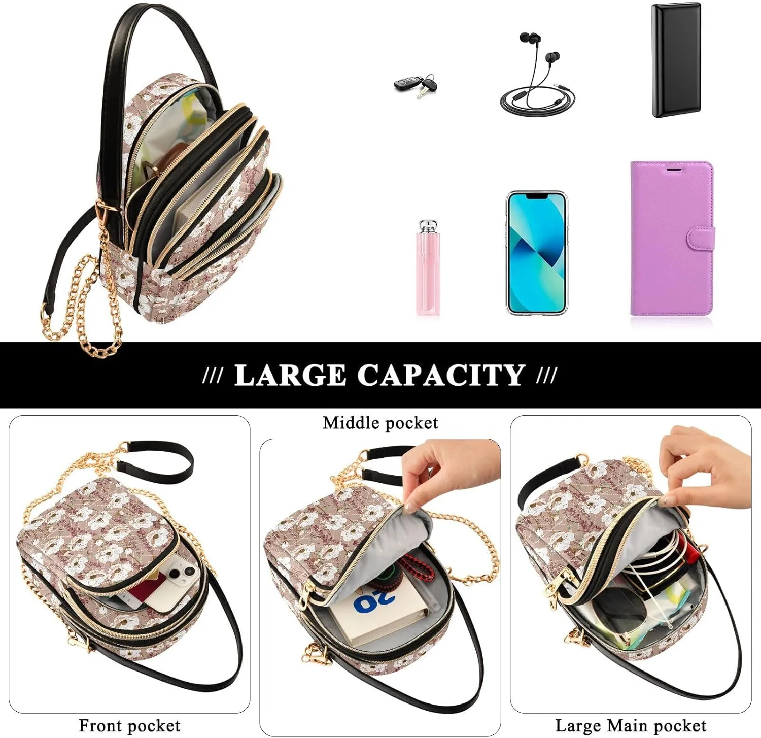 Women's Shoulder Handbags Quilted Fabric Handbags for Women Floral Print Chain Satchel Tote Bag with Zipper,Multi1