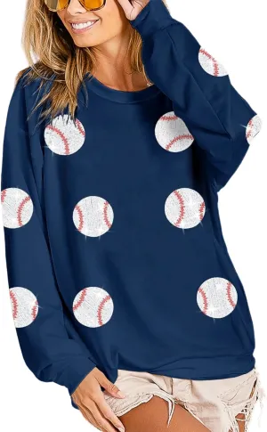Womens Sparkle Baseball Sequin Sweatshirt French Terry Y2K Crewneck Oversized Shirt Long Sleeve Pullover