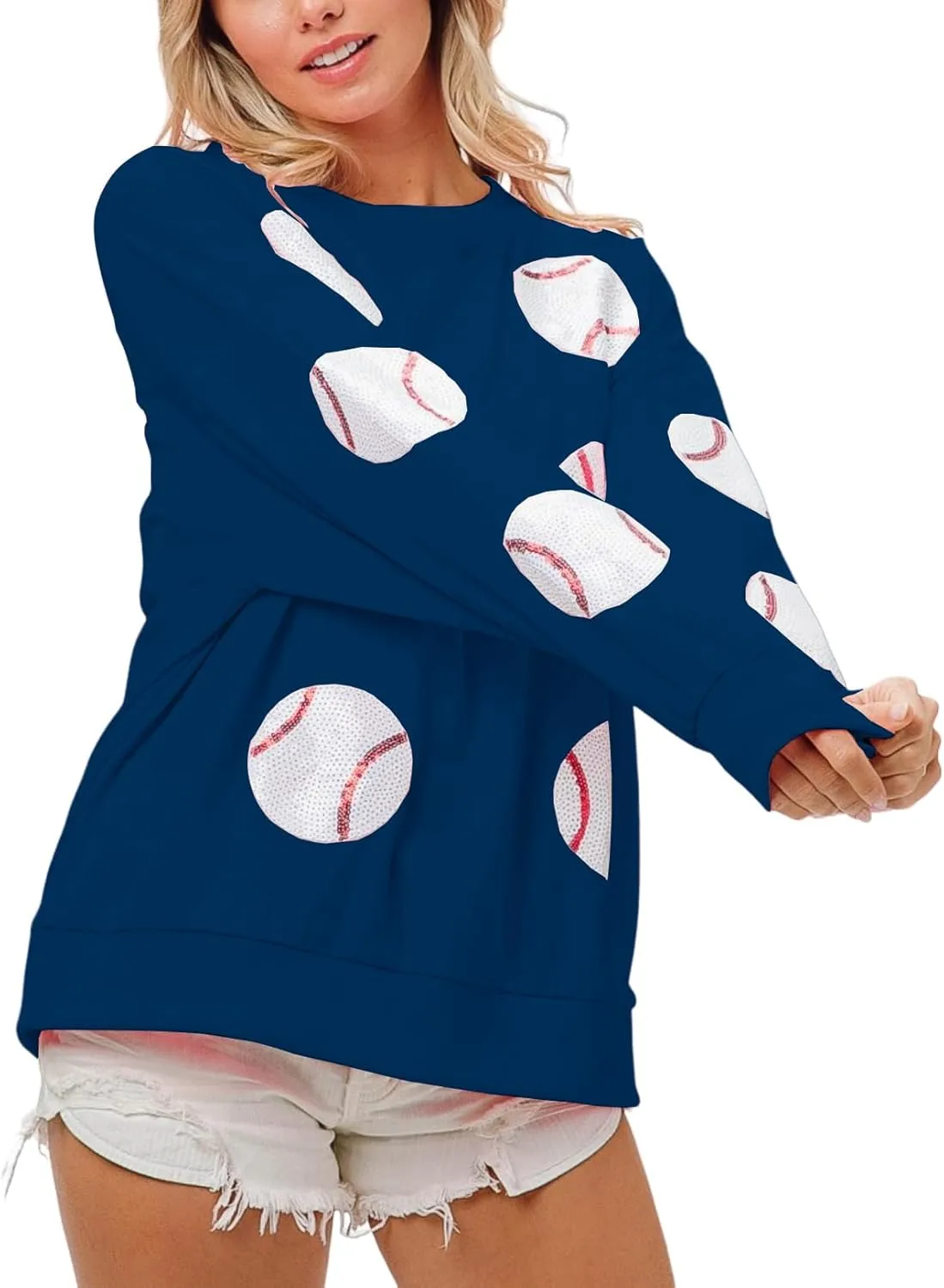Womens Sparkle Baseball Sequin Sweatshirt French Terry Y2K Crewneck Oversized Shirt Long Sleeve Pullover