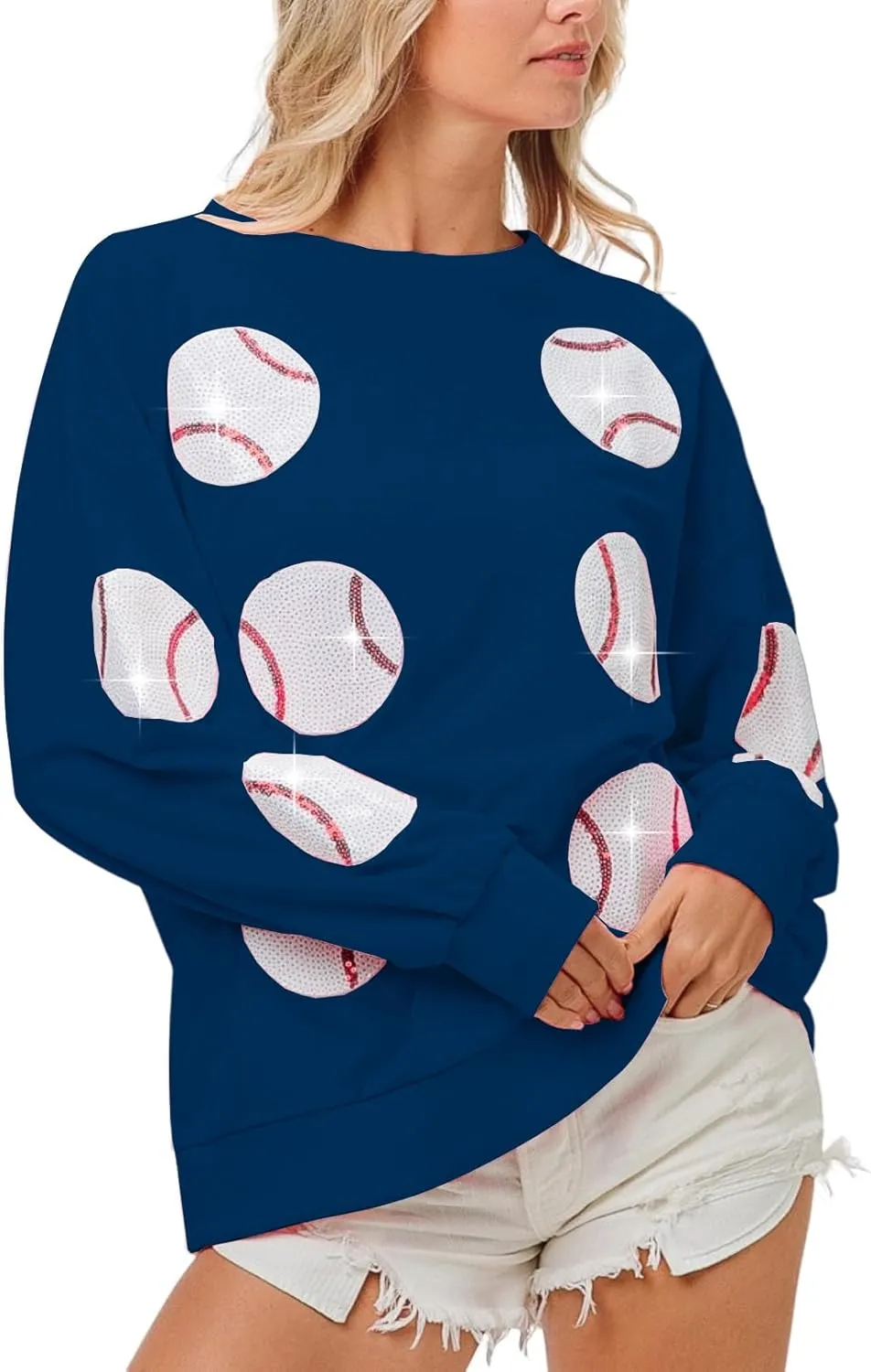 Womens Sparkle Baseball Sequin Sweatshirt French Terry Y2K Crewneck Oversized Shirt Long Sleeve Pullover