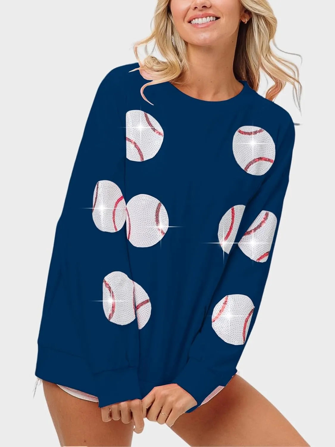 Womens Sparkle Baseball Sequin Sweatshirt French Terry Y2K Crewneck Oversized Shirt Long Sleeve Pullover