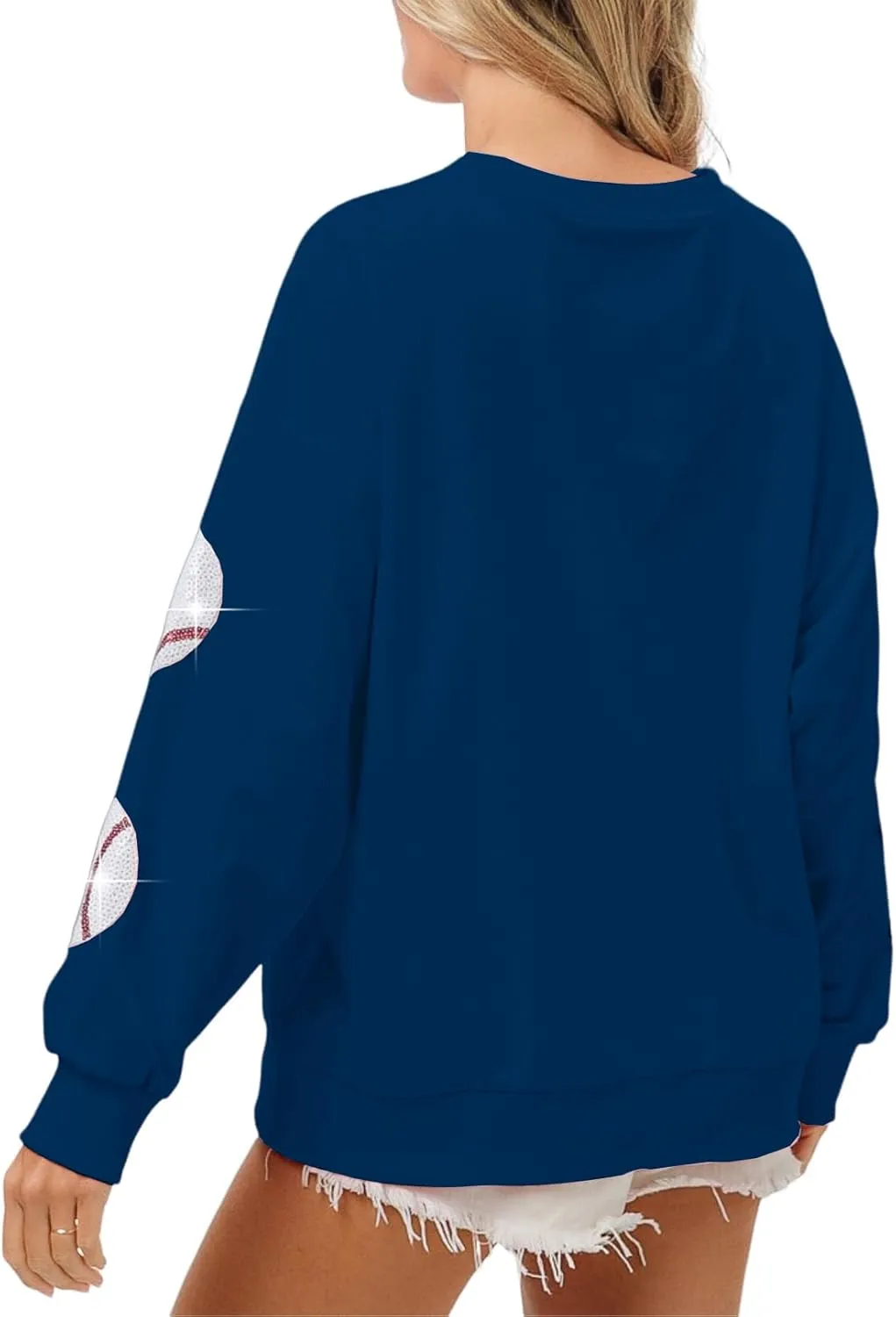 Womens Sparkle Baseball Sequin Sweatshirt French Terry Y2K Crewneck Oversized Shirt Long Sleeve Pullover