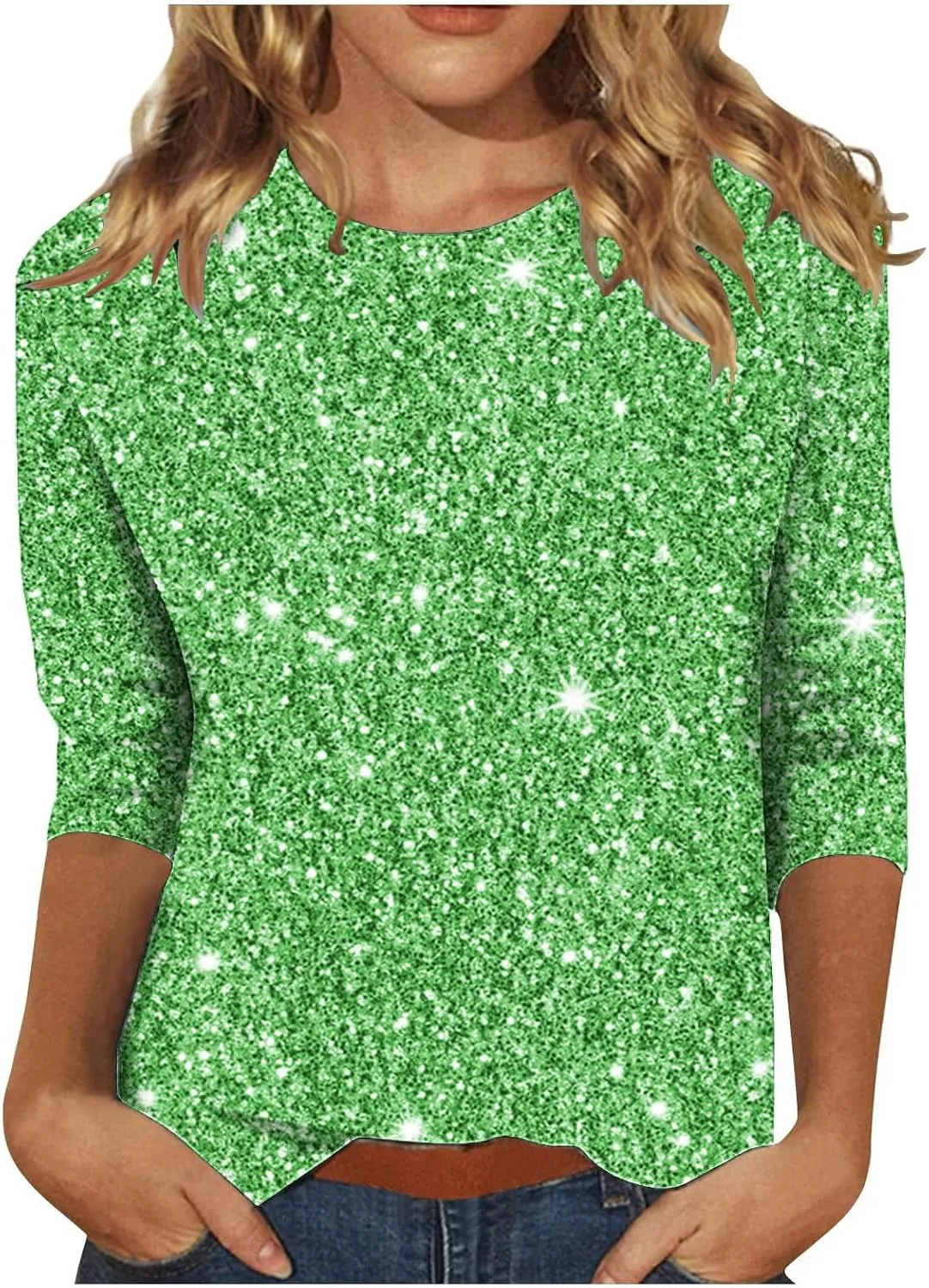Womens Sparkle T Shirts Casual Glitter Dressy Flowy Tops Comfy Round Neck Long Sleeve Blouse Trendy 2024 Fall Clothes
