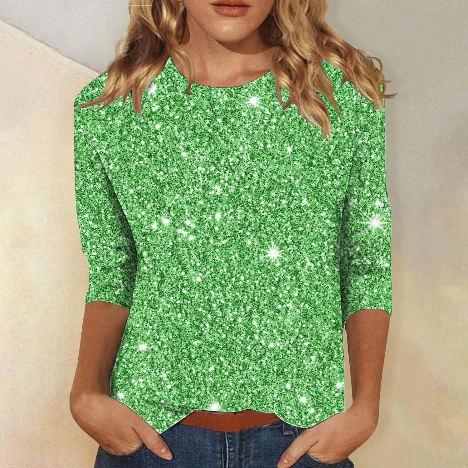 Womens Sparkle T Shirts Casual Glitter Dressy Flowy Tops Comfy Round Neck Long Sleeve Blouse Trendy 2024 Fall Clothes