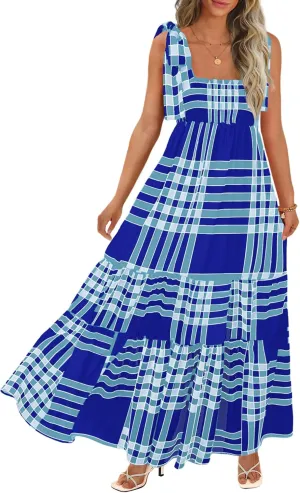 Women's Summer Maxi Dress Boho Spaghetti Straps Casual Long A-line Smocked Beach Dress Square Neck Flowy Sun Dress