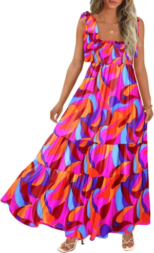 Women's Summer Maxi Dress Boho Spaghetti Straps Casual Long A-line Smocked Beach Dress Square Neck Flowy Sun Dress