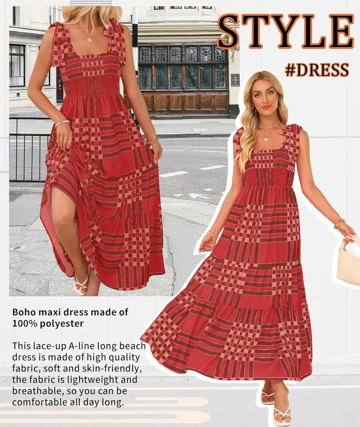 Women's Summer Maxi Dress Boho Spaghetti Straps Casual Long A-line Smocked Beach Dress Square Neck Flowy Sun Dress