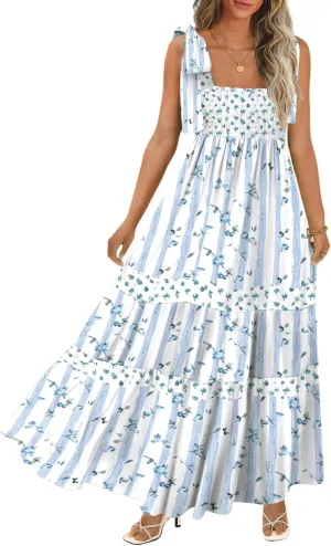 Women's Summer Maxi Dress Boho Spaghetti Straps Casual Long A-line Smocked Beach Dress Square Neck Flowy Sun Dress