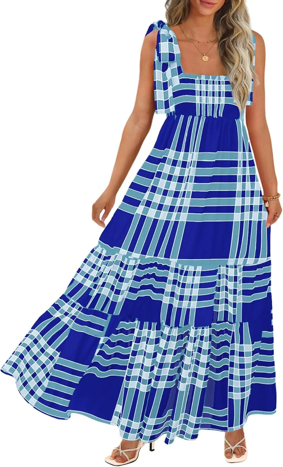 Women's Summer Maxi Dress Boho Spaghetti Straps Casual Long A-line Smocked Beach Dress Square Neck Flowy Sun Dress