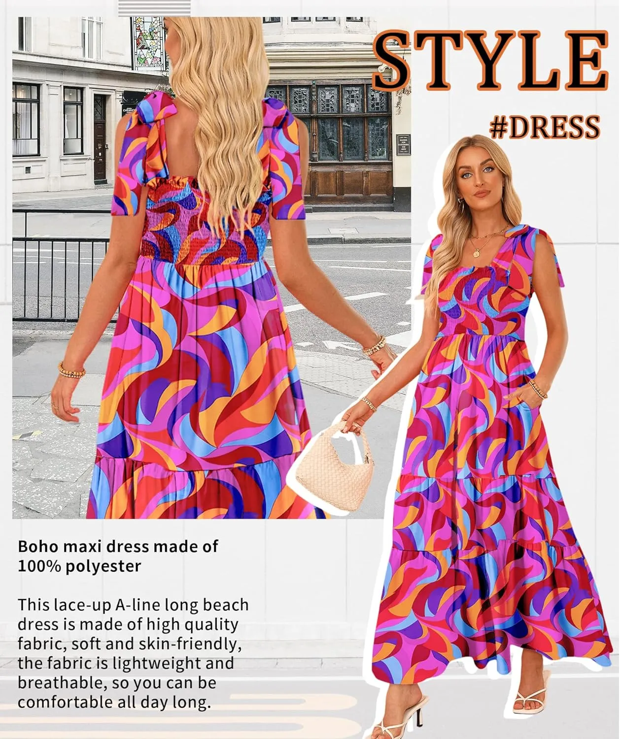 Women's Summer Maxi Dress Boho Spaghetti Straps Casual Long A-line Smocked Beach Dress Square Neck Flowy Sun Dress