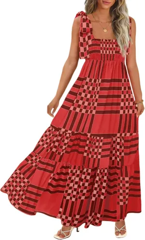 Women's Summer Maxi Dress Boho Spaghetti Straps Casual Long A-line Smocked Beach Dress Square Neck Flowy Sun Dress